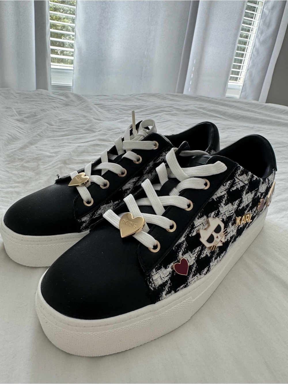 Karl Lagerfeld Black White Tweed Platform Sneakers with Gold Accents